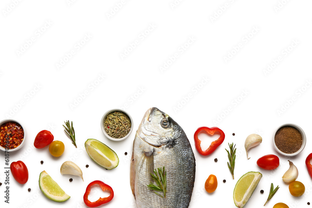 Raw dorado fish with ingredients on white background