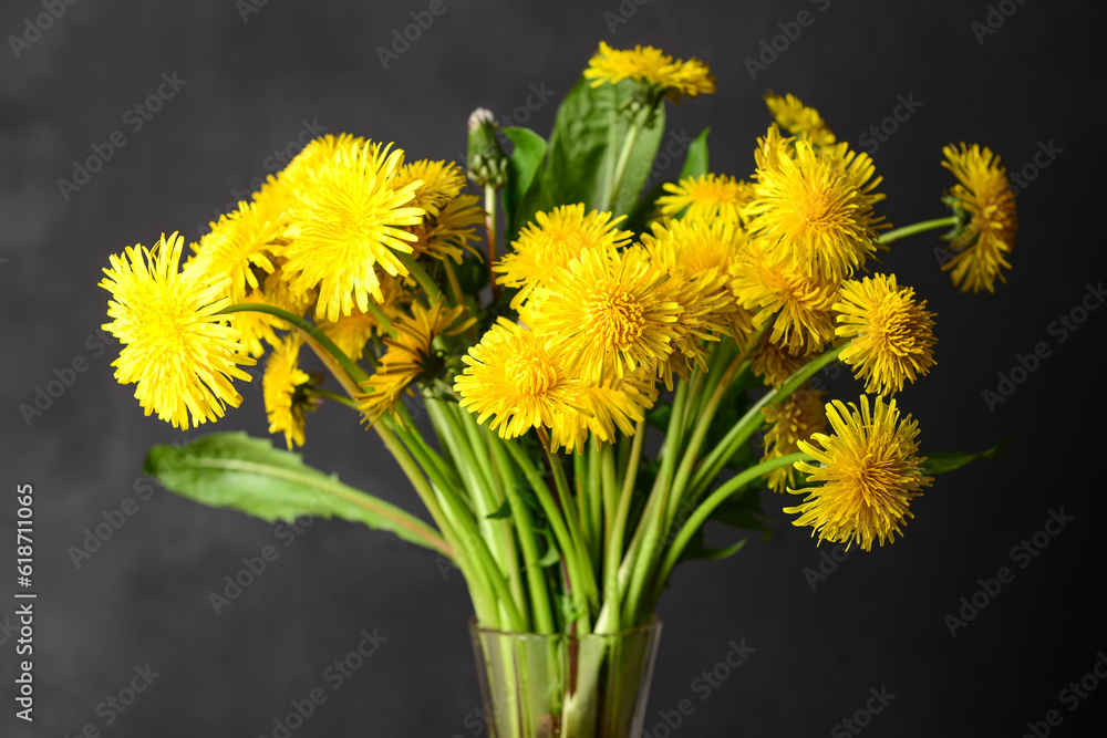 Bouquet of beautiful dandelion flowers on dark background, closeup