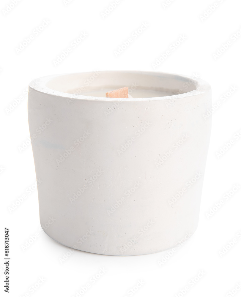 Holder with candle on white background