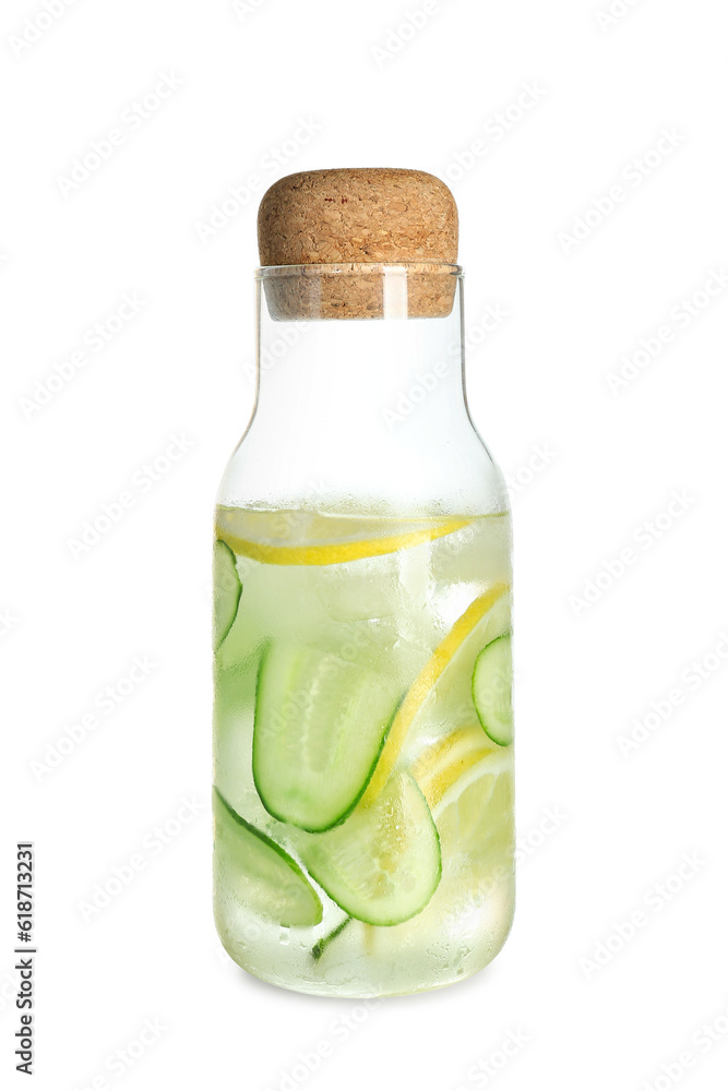 Bottle of lemonade with cucumber on white background