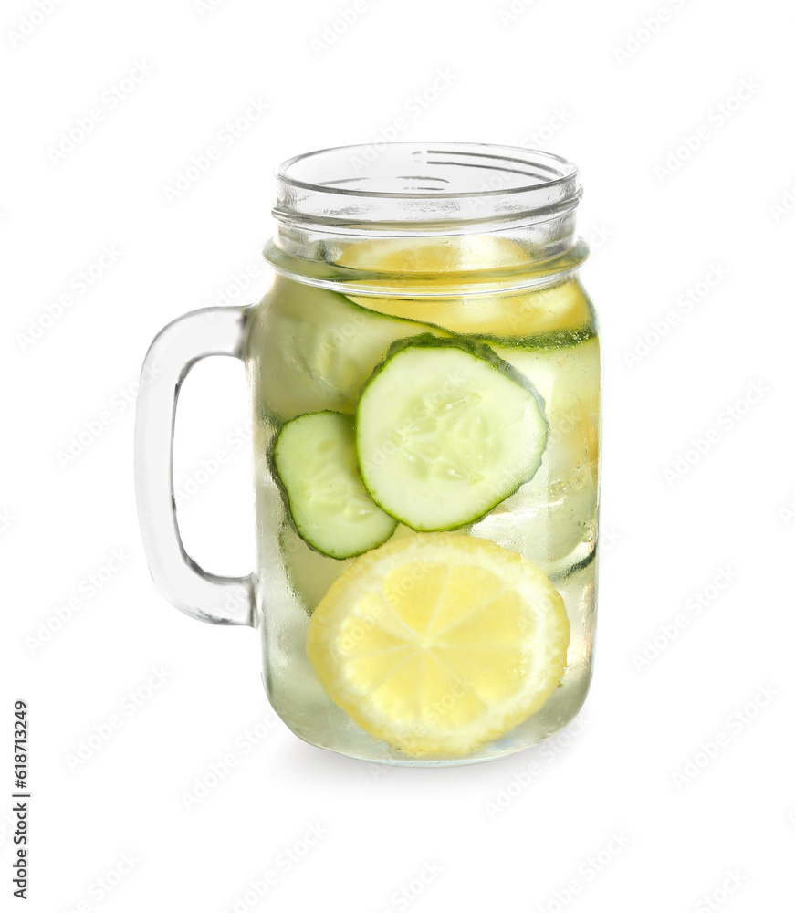 Mason jar of lemonade with cucumber on white background