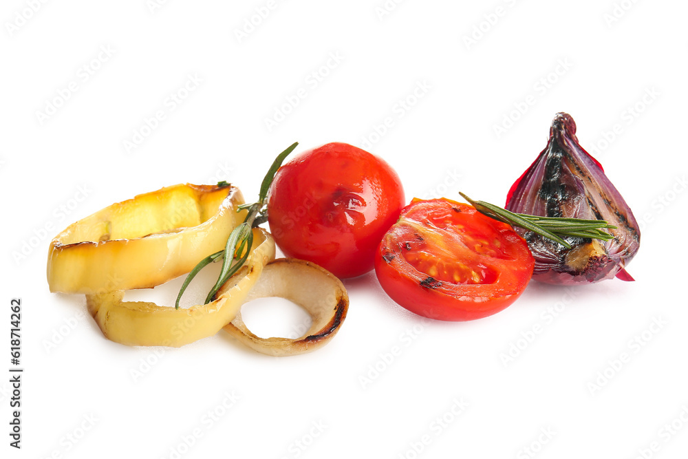 Tasty grilled tomato, onion and pepper on white background