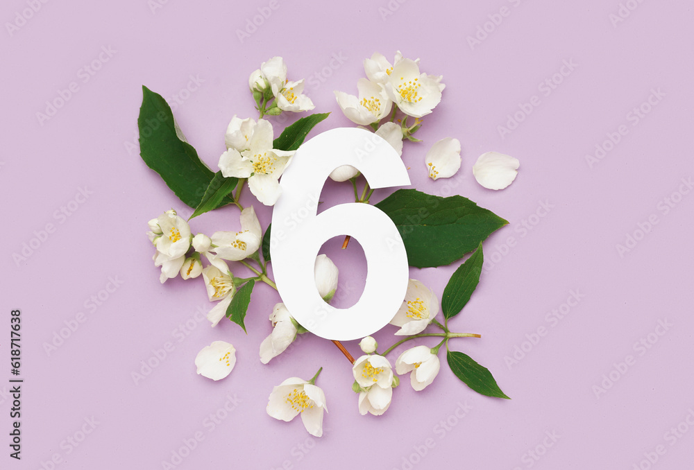 Green leaves and white flowers with paper number six on lilac background