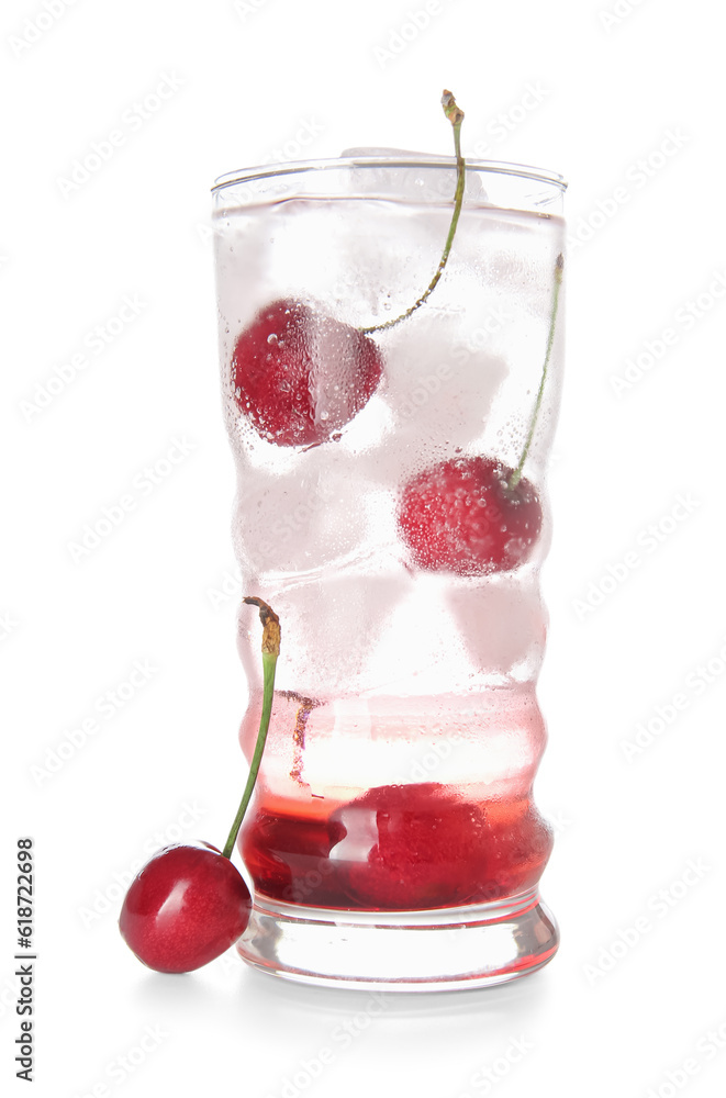 Glass of tasty cherry lemonade on white background