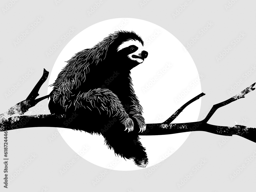 Silhouette of sloth sitting on a tree branch.