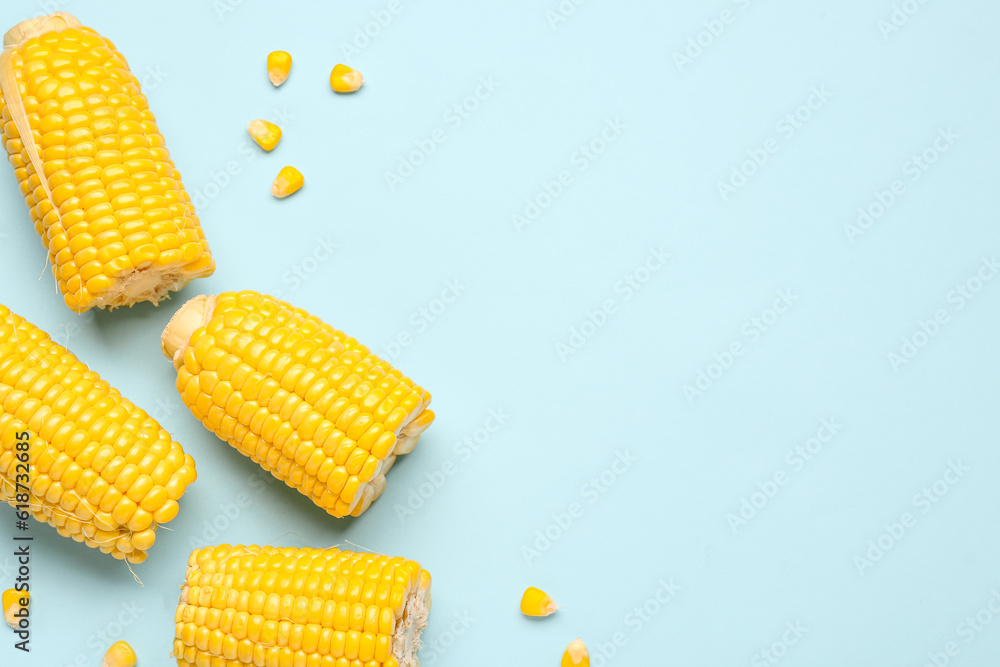 Cut fresh corn cobs and seeds on blue background