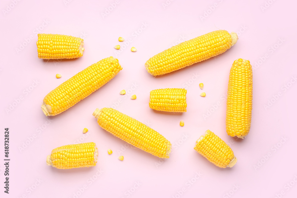 Fresh corn cobs and seeds on pink background