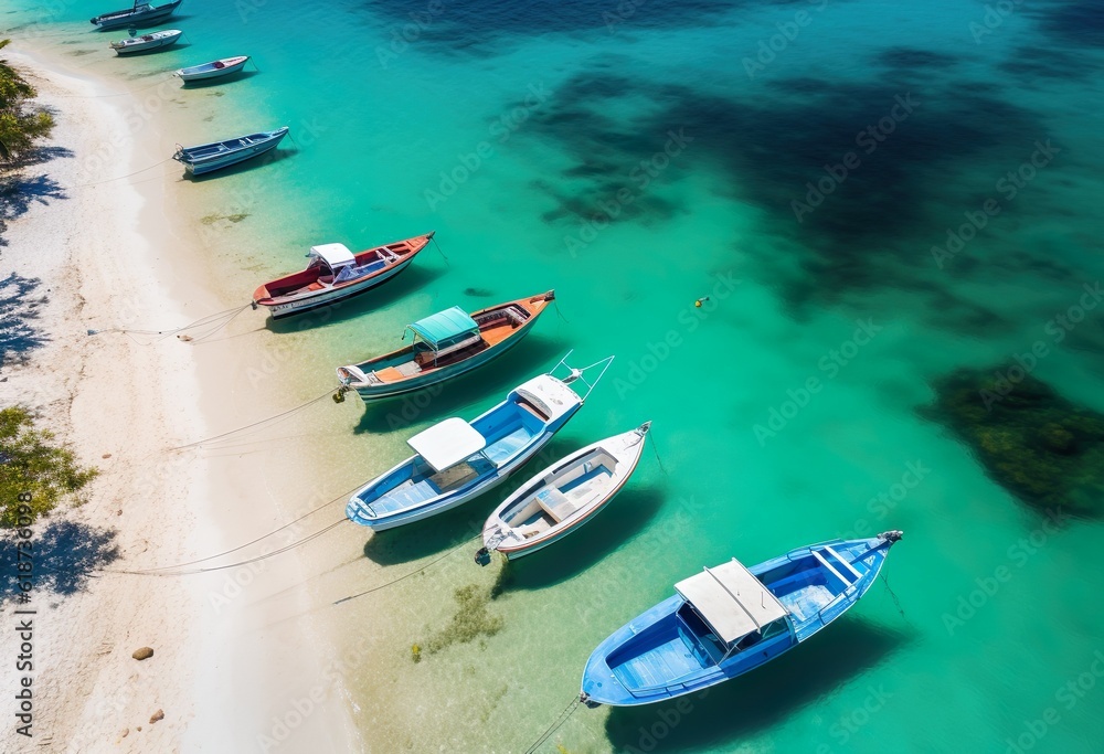 Aerial view of boats moored along the coastline