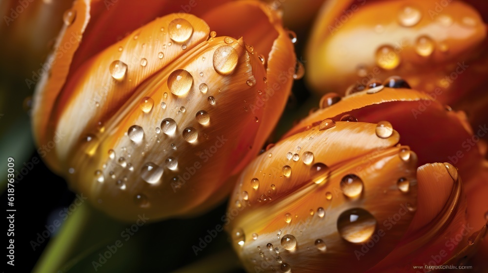 Orange Tulips flowers with water drops background. Closeup of blossom with glistening droplets. Gene