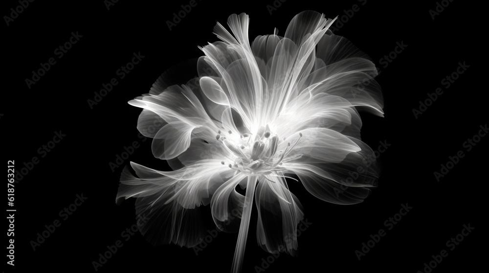 Monochrome x-ray image of a ethereal flower on black. Fantasy mystical blossom. Generative AI