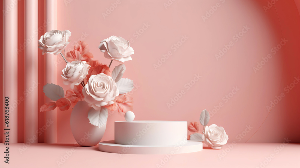 Podium with pink roses on pastel pink background to display products, gift or cosmetics. Generative 