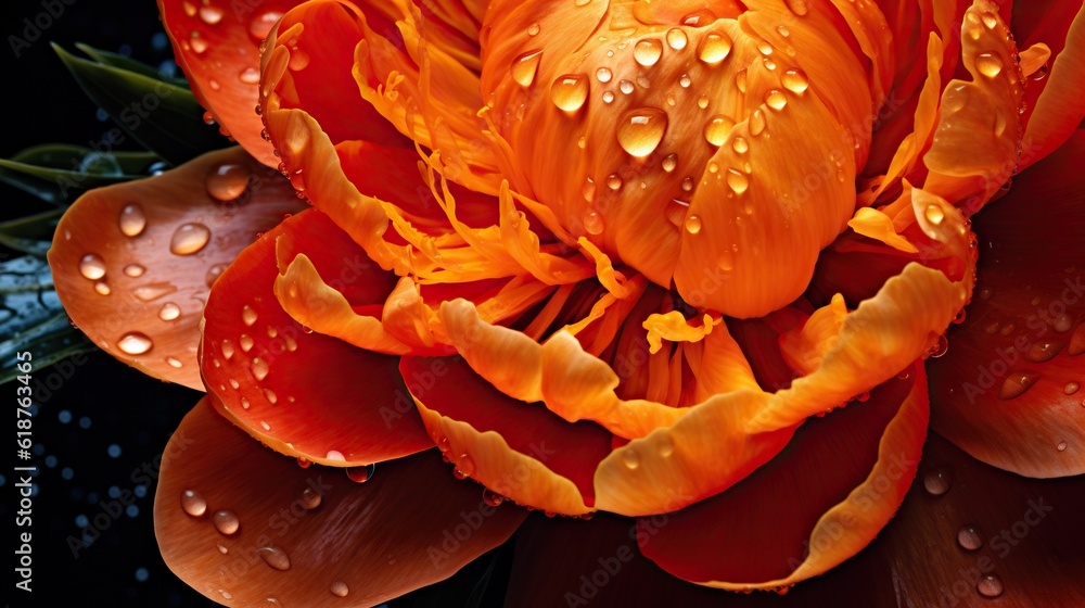 Orange Peony flowers with water drops background. Closeup of blossom with glistening droplets. Gener