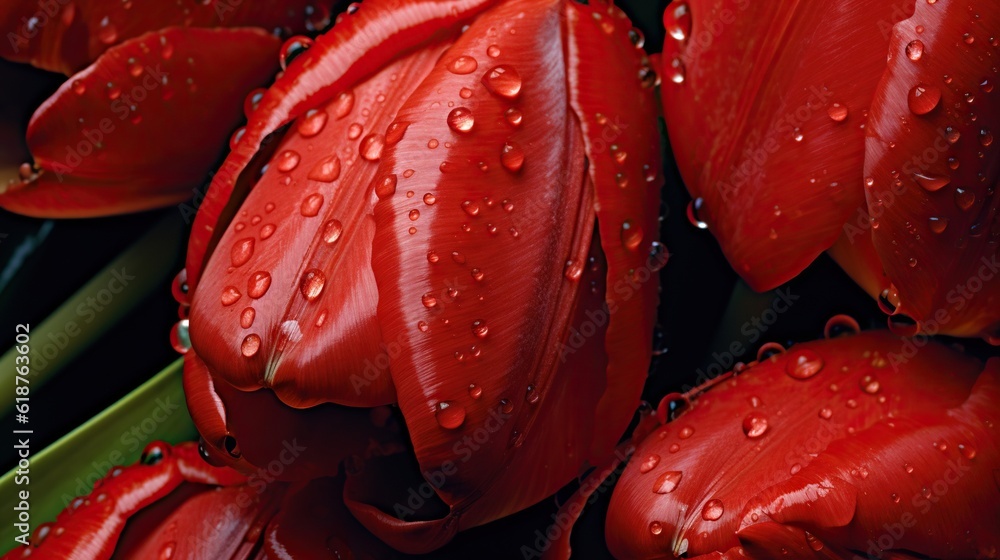 Red Tulips flowers with water drops background. Closeup of blossom with glistening droplets. Generat