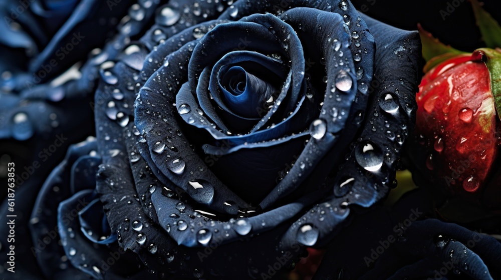 Black Roses flowers with water drops background. Closeup of blossom with glistening droplets. Genera