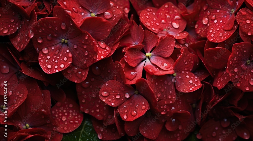 Red Hydrangeas flowers with water drops background. Closeup of blossom with glistening droplets. Gen