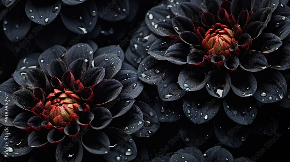 Black Dahlia flowers with water drops background. Closeup of delicate blossom with glistening drople