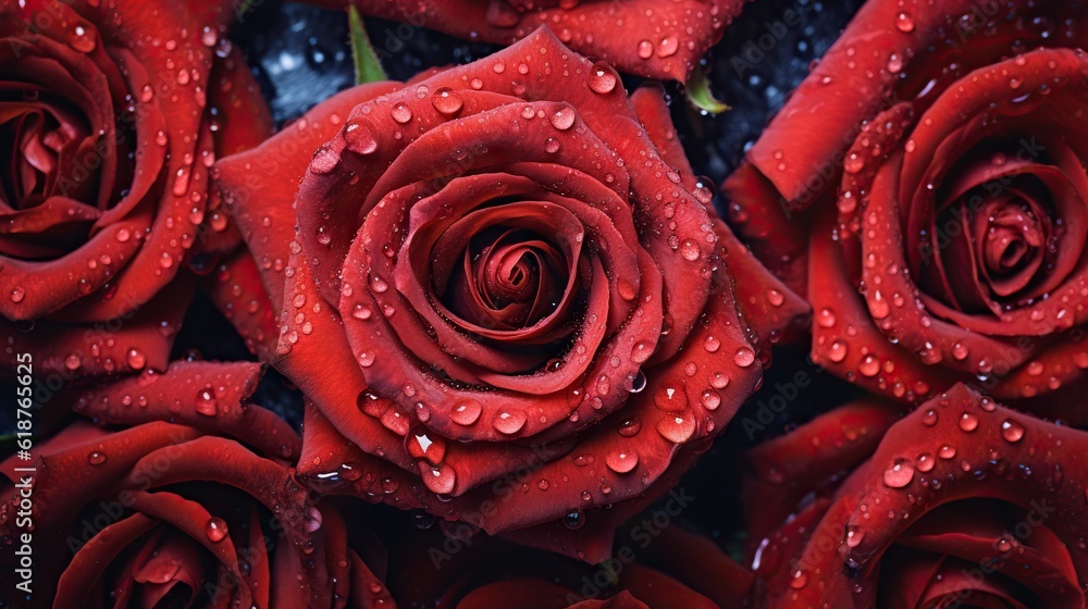 Red Roses flowers with water drops background. Closeup of blossom with glistening droplets. Generati