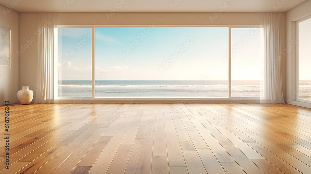 Empty apartment room with wooden floor of beach house. Sea view from windows. Copy space. Generative