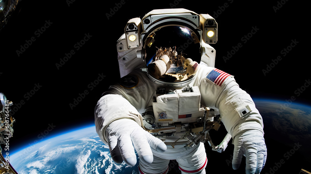 Astronaut in spacesuit floating in space. Space exploration technology. Discovery concept. Generativ