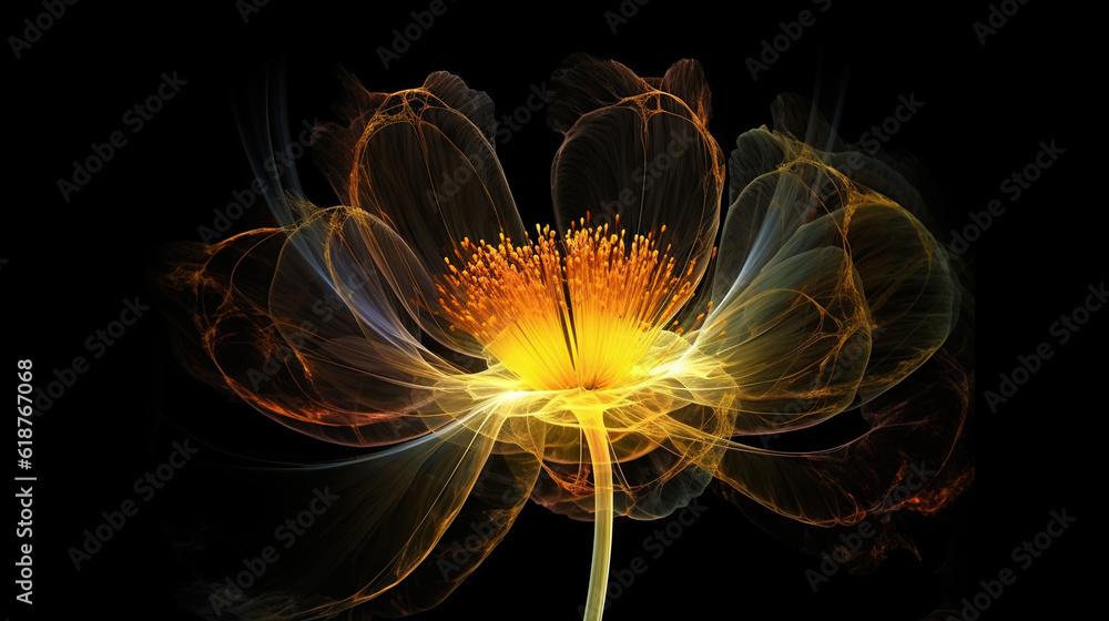 Golden x-ray image of a ethereal flower on black. Fantasy mystical blossom. Generative AI