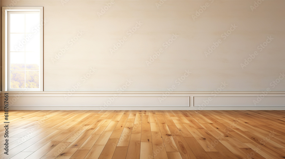 Beige wall empty apartment room with wooden floor. Copy space for product placement. Generative AI