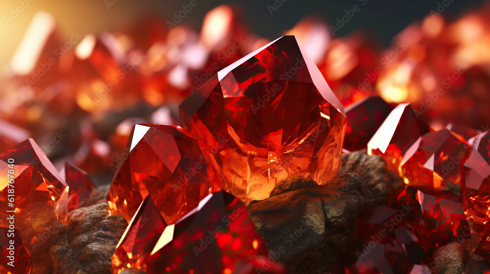 Amazing bright and shiny Realgar crystal cluster background. Jewel mineral detailed macro. Generativ