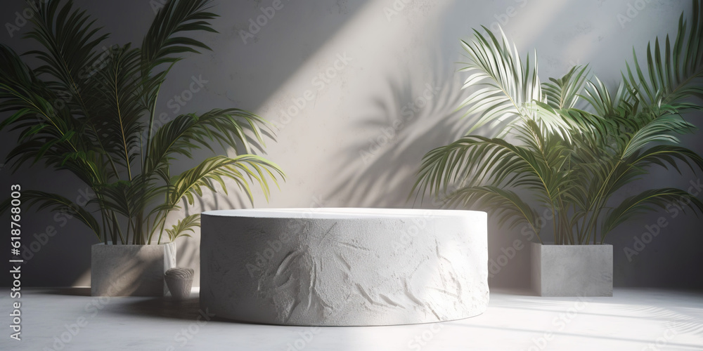 White product display podium with nature palm leaves. Generative AI