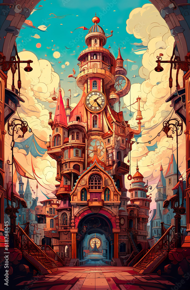 Strange colorful fantastic town mythical city with colorful houses generative AI illustration. Fairy