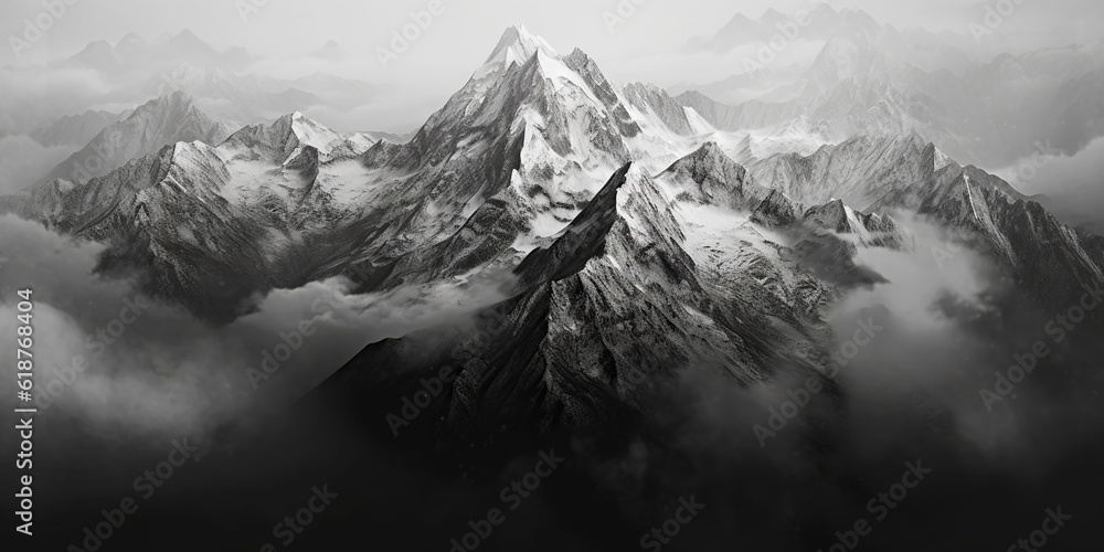 Dramatic snow-capped mountains landscape. Clouds and fog covers stone slopes. Generative AI