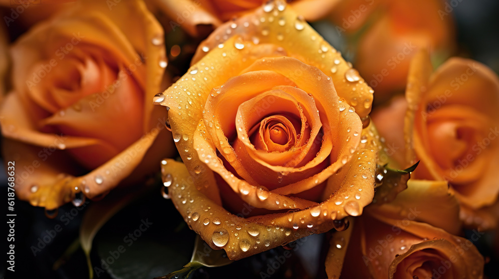 Orange Roses flowers with water drops background. Closeup of blossom with glistening droplets. Gener