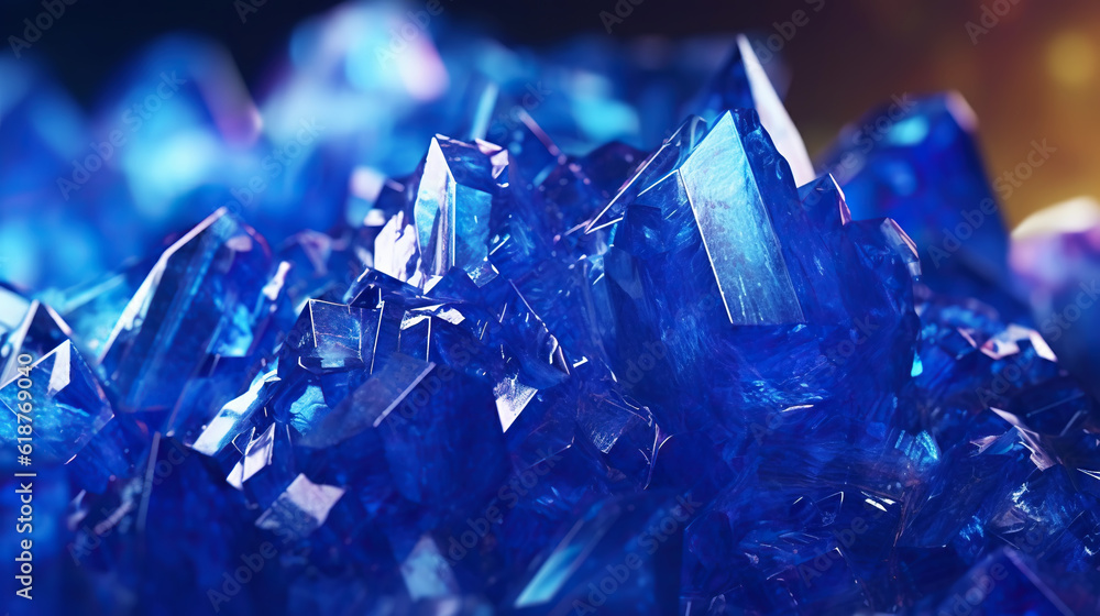 Amazing bright and shiny Azurite crystal cluster background. Jewel mineral detailed macro. Generativ