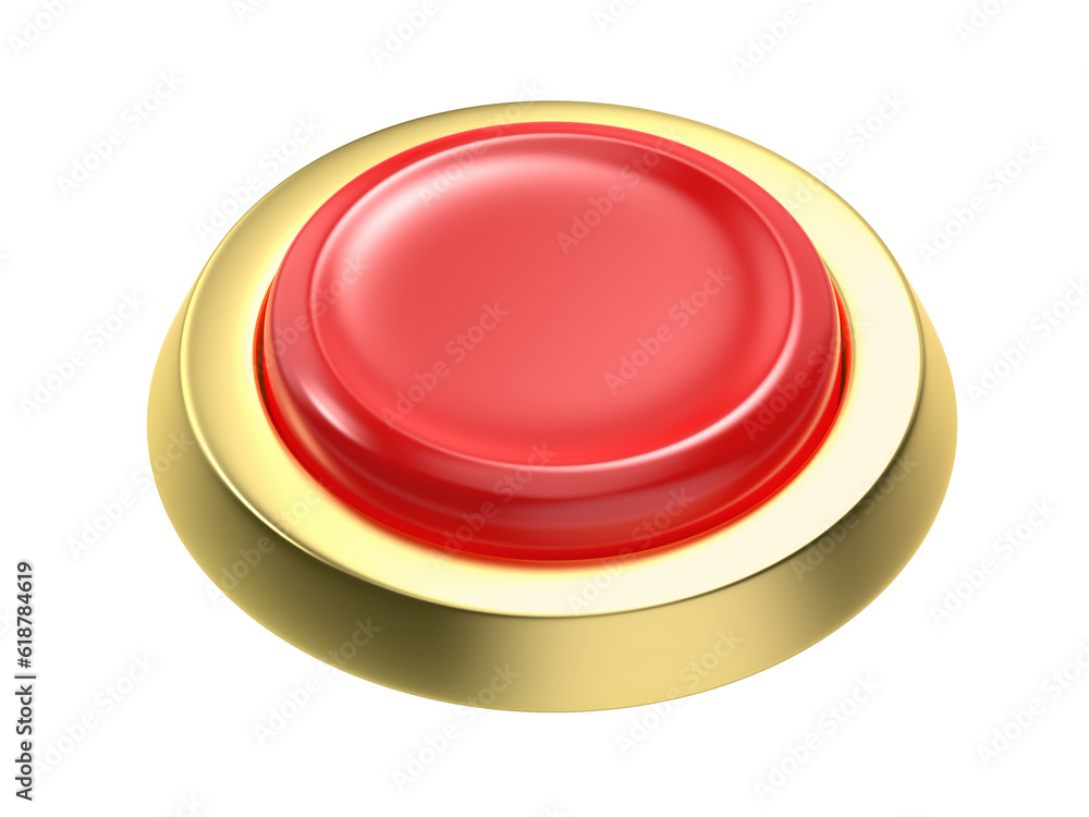 Red round button with golden border on transparent background