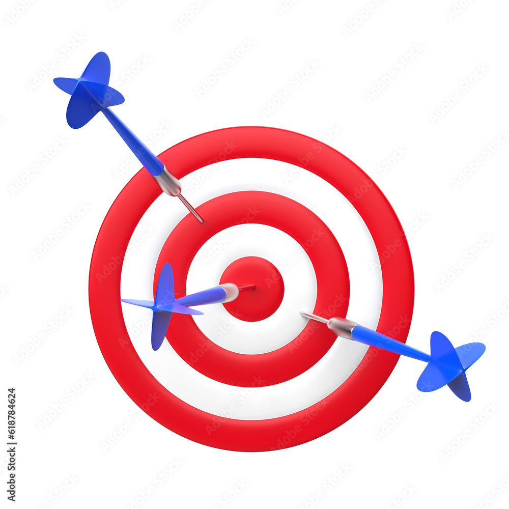 Concept image with three darts hitting the dartboard, one succesfully in the center