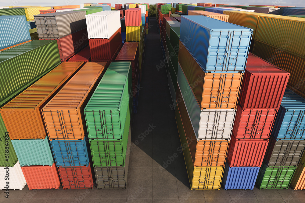 Industrial container yard for logistic import-export business in rows top view at sunset