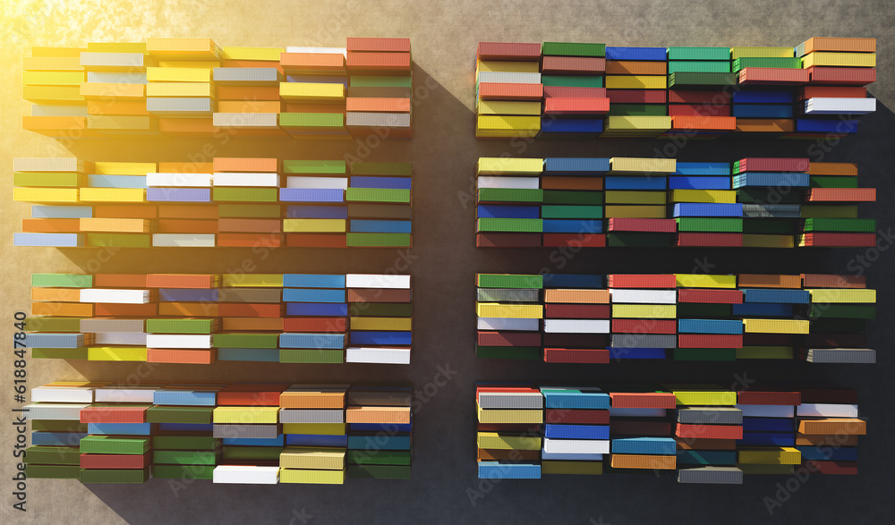 Cargo industrial containers stacked in rows of different colors for logistics import-export business