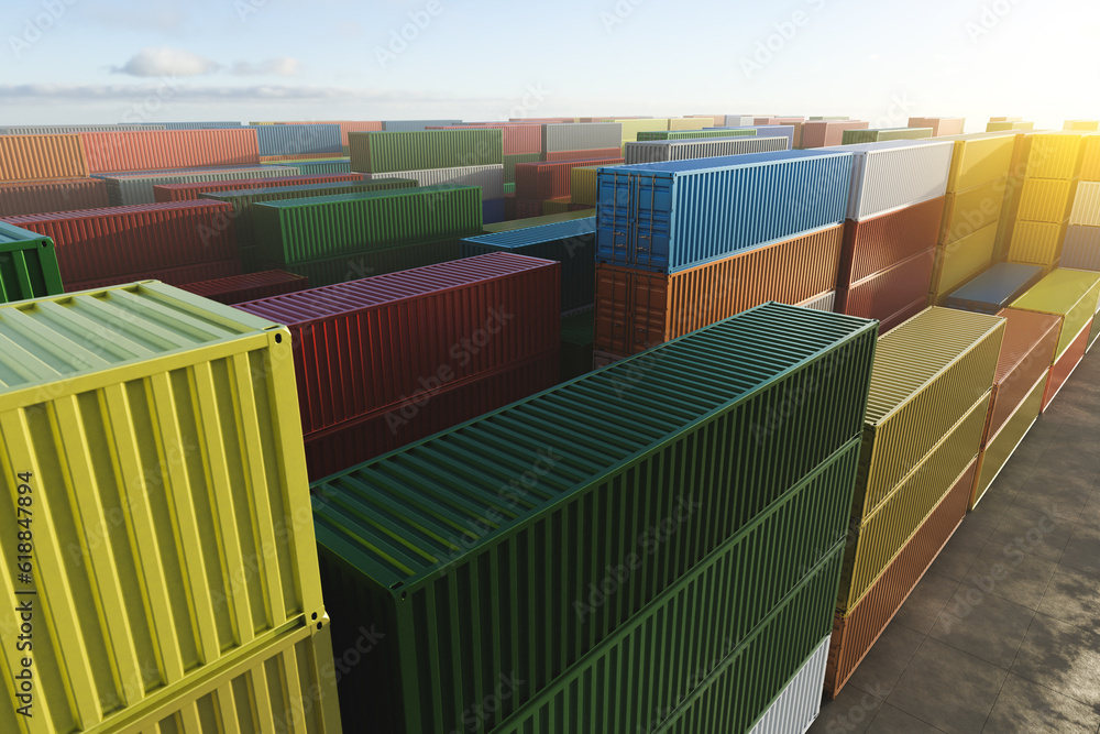 Cargo containers of different colors in the fog, top view