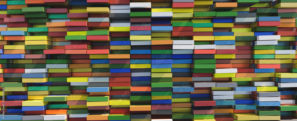 Cargo industrial containers stacked in rows of different colors for logistics import-export business