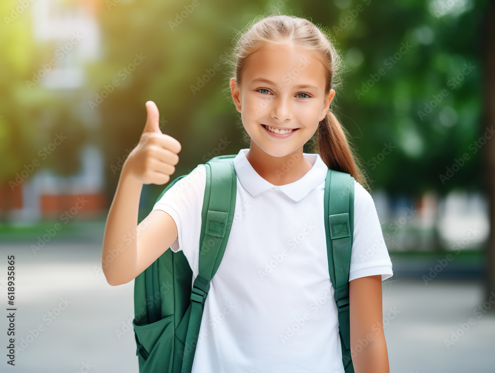 Happy schoolgirl with school bag thumbs up in the school yard.  Back to school background Generative