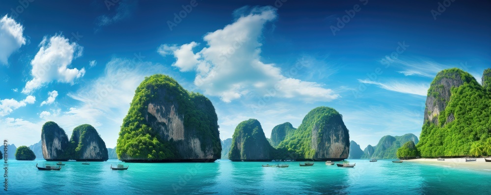 tropical island with boat, landscape with lake and blue sky, Thailand, Phuket