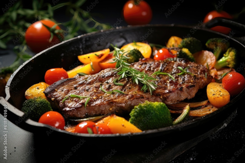 American food concept. Grilled beef steak with grilled vegetables, with carrots, cherry tomatoes, br