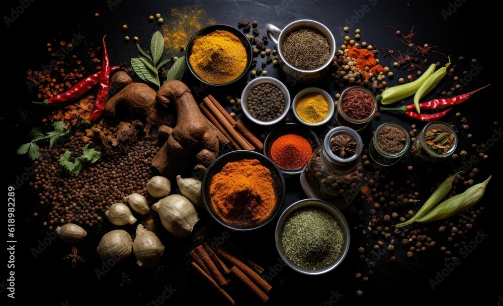 spices and herbs on black