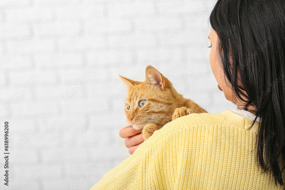 Woman with ginger cat at home, closeup