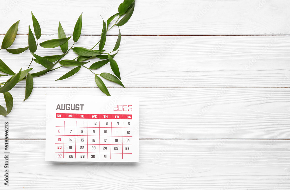 Calendar and eucalyptus branches on white wooden background