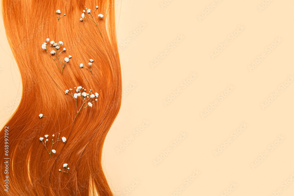 Ginger hair strand with beautiful gypsophila flowers on color background