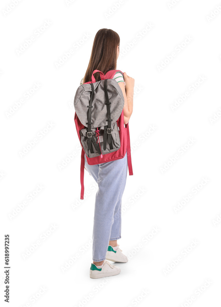 Female student with backpack on white background, back view