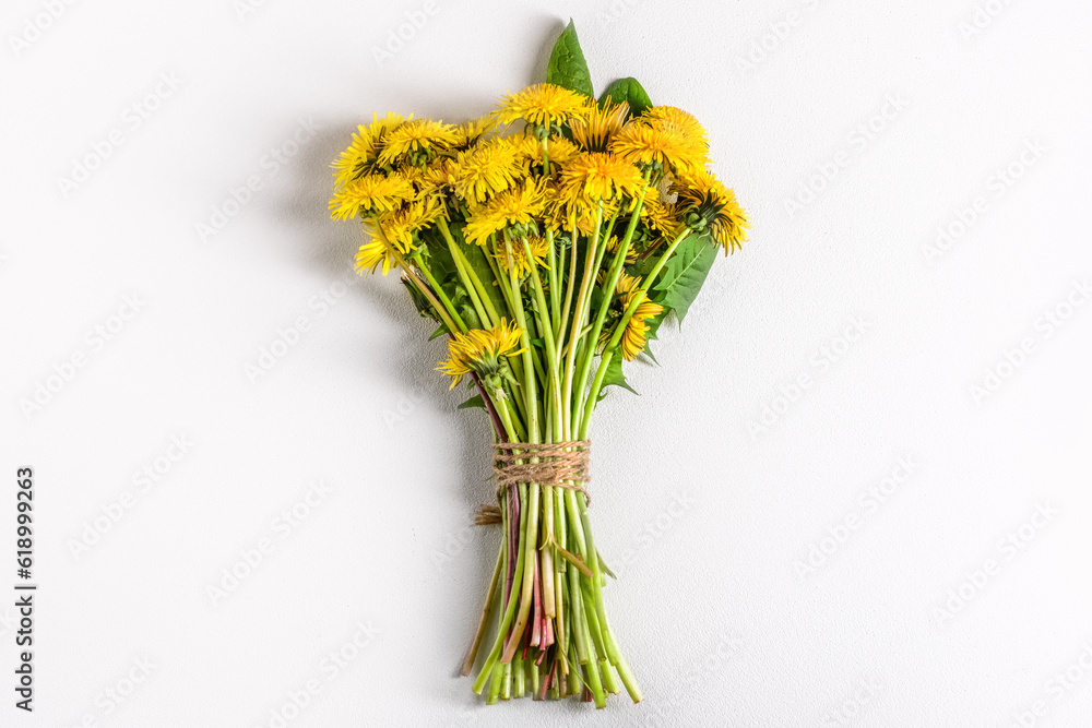 Bouquet of beautiful dandelion flowers on light background