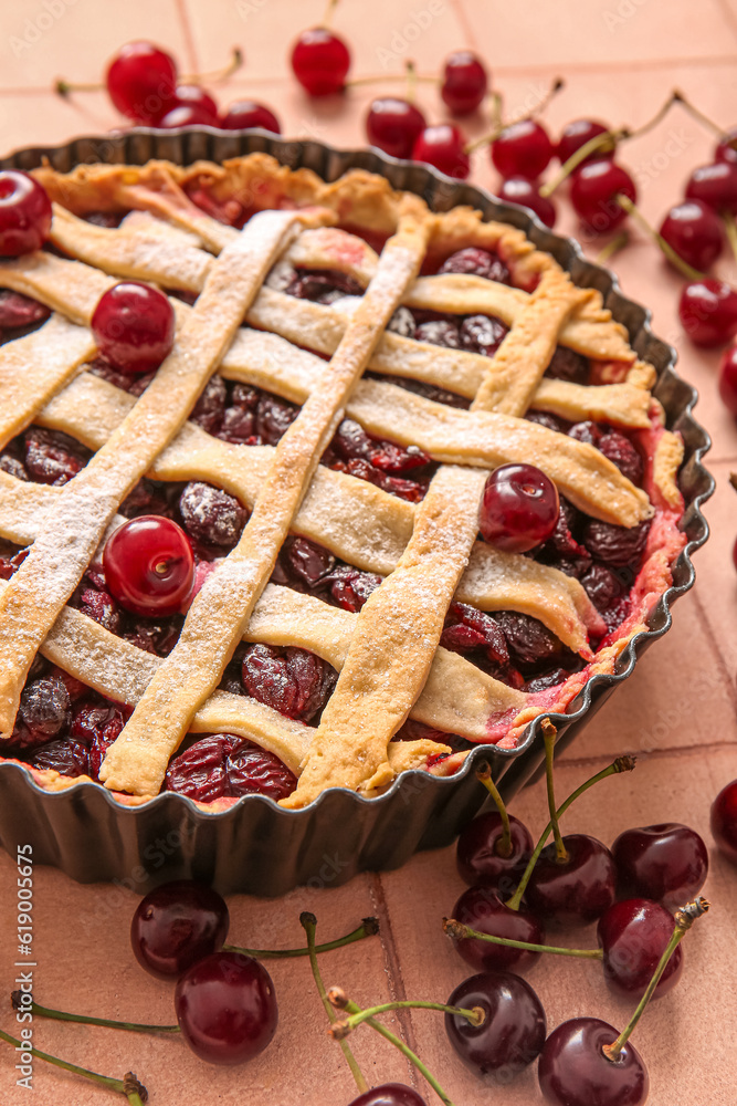 Baking dish with tasty cherry pie, closeup