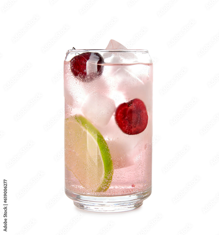 Glass of tasty cherry lemonade with lime on white background