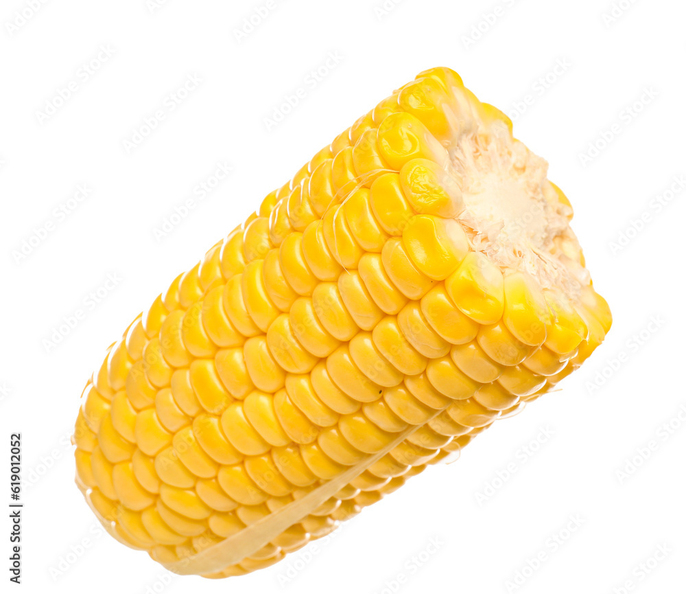 Cut fresh corn cob on white background