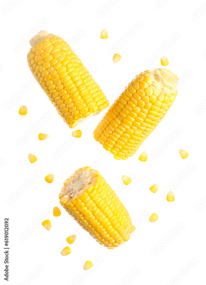 Cut fresh corn cobs and seeds on white background